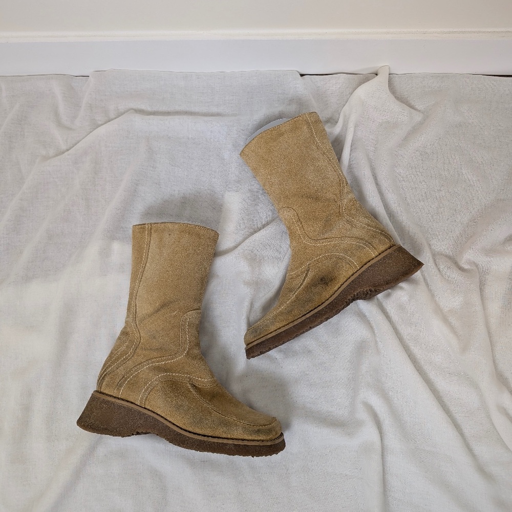 Suede Boots Wedges Calf Height Size 7.5 Square Toe - Picture 4 of 14